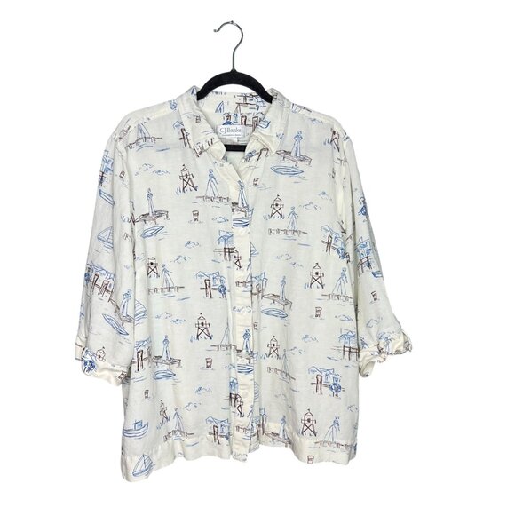 CJ Banks Vintage Top Size 2X Novelty Boat Ship Boxy Button Front‎ Collared - Picture 1 of 7